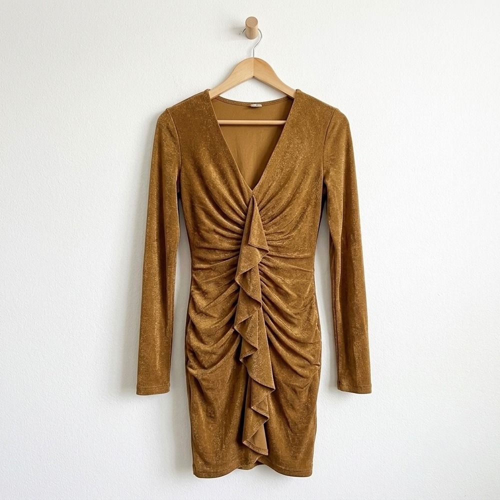 Significant‎ Other Gold Luxe Ruched Ruffle Mini Dress Sz US 2 Bronze Party Look